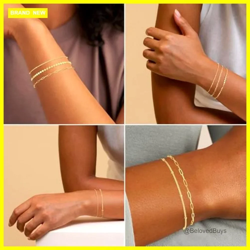 14K Gold Plated Dainty Chain Bracelet Set Adjustable Fit